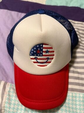 Patriotic Red, White & Blue Trucker Hat with Smiley Flag Patch